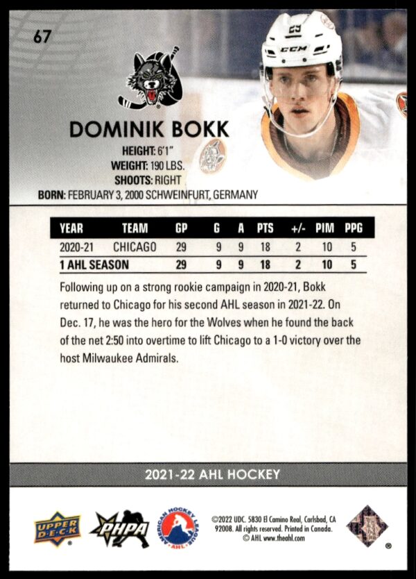 2021 Upper Deck AHL Dominik Bokk #67 (Back)