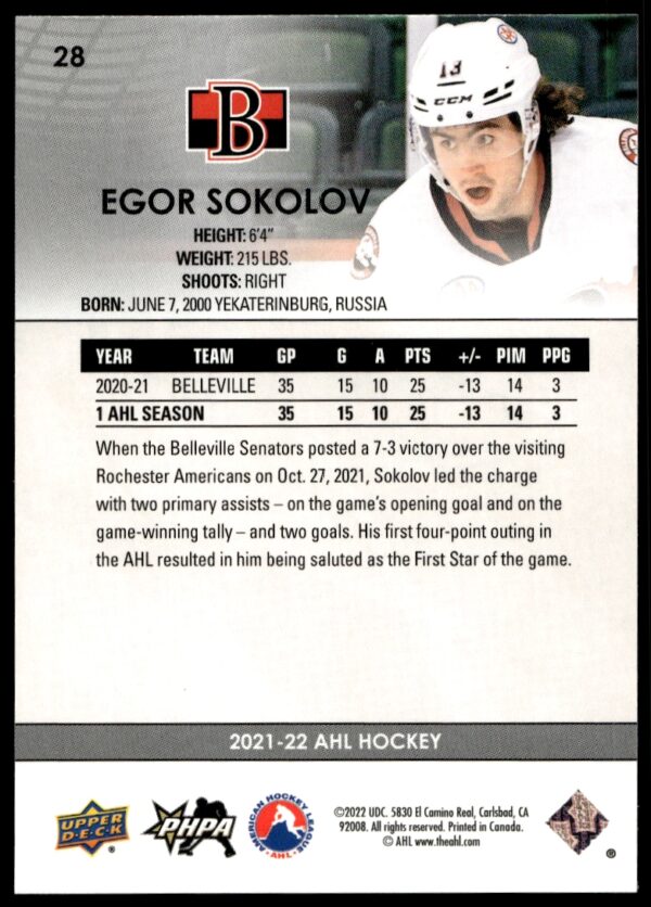 2021 Upper Deck AHL Egor Sokolov #28 (Back)