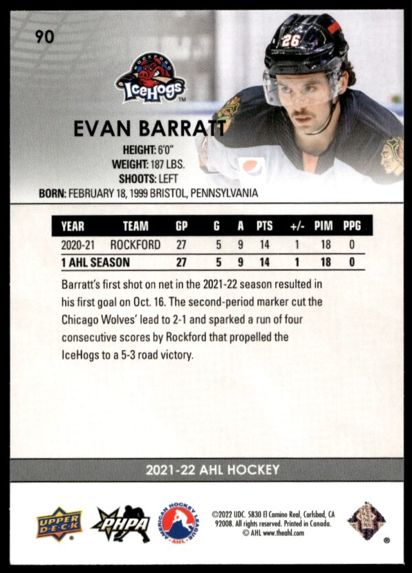 2021 Upper Deck AHL Evan Barratt #90 (Back)