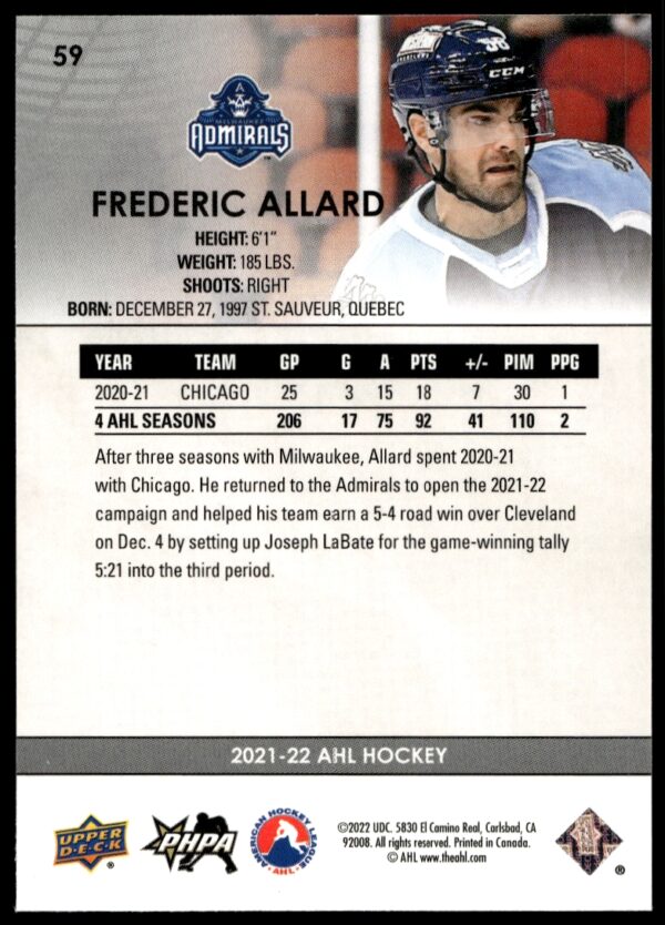 2021 Upper Deck AHL Frederic Allard #59 (Back)