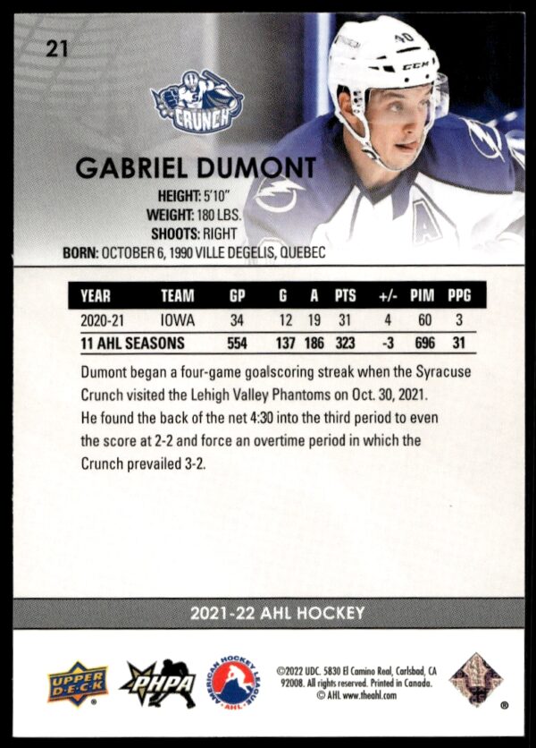 2021 Upper Deck AHL Gabriel Dumont #21 (Back)