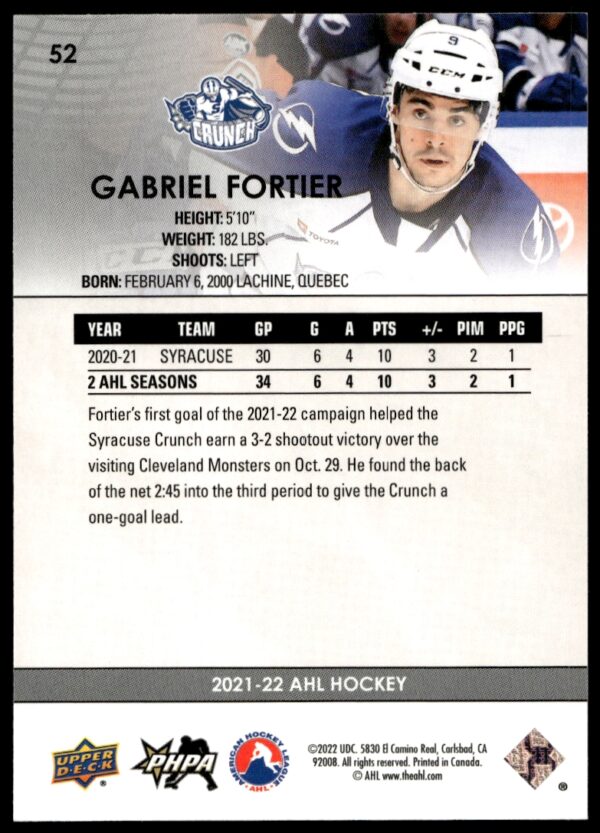 2021 Upper Deck AHL Gabriel Fortier #52 (Back)