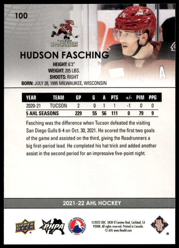 2021 Upper Deck AHL Hudson Fasching #100 (Back)