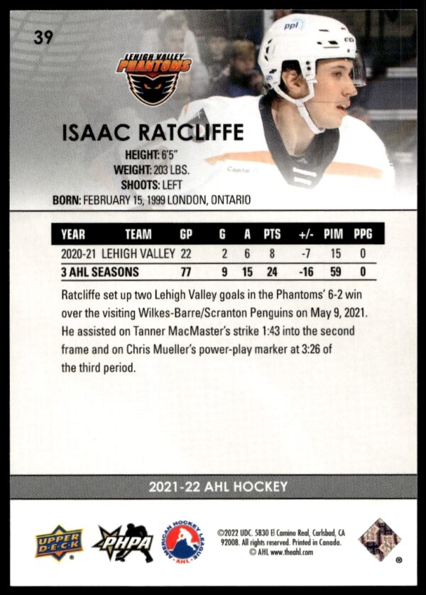 2021 Upper Deck AHL Isaac Ratcliffe #39 (Back)