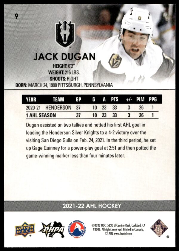 2021 Upper Deck AHL Jack Dugan #9 (Back)