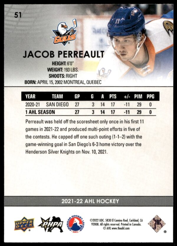 2021 Upper Deck AHL Jacob Perreault #51 (Back)