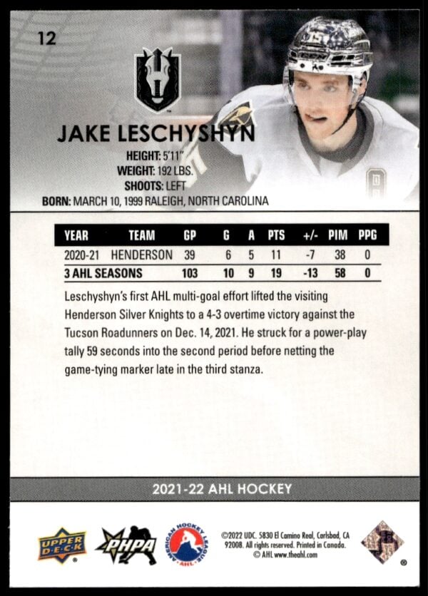 2021 Upper Deck AHL Jake Leschyshyn #12 (Back)