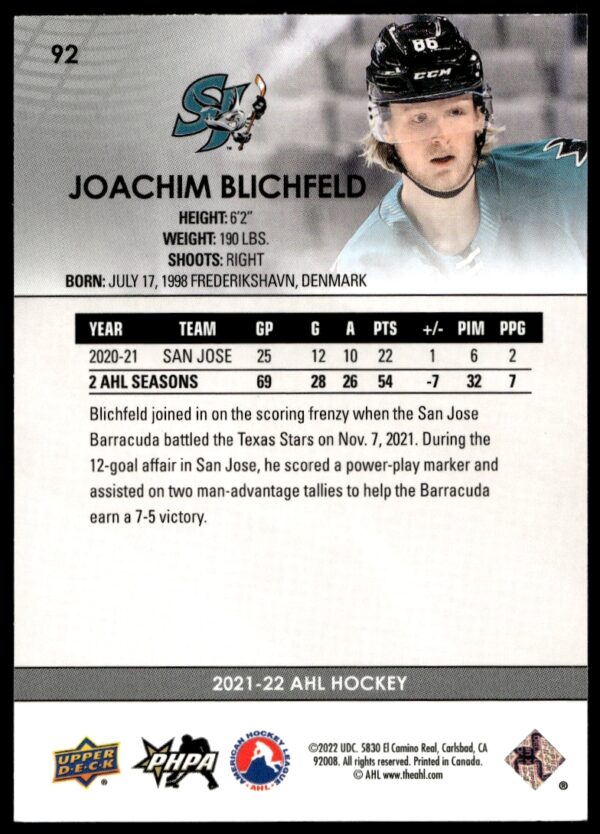 2021 Upper Deck AHL Joachim Blichfeld #92 (Back)