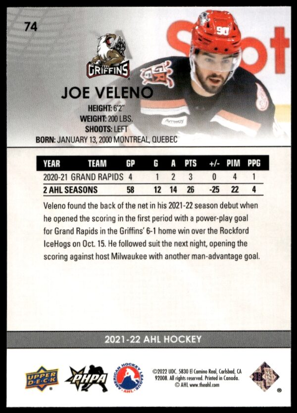 2021 Upper Deck AHL Joe Veleno #74 (Back)