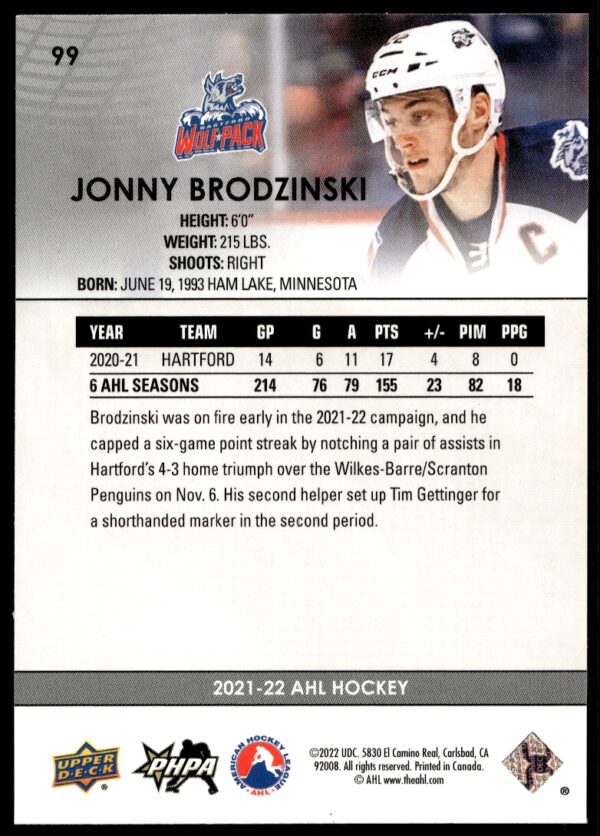 2021 Upper Deck AHL Jonny Brodzinski #99 (Back)