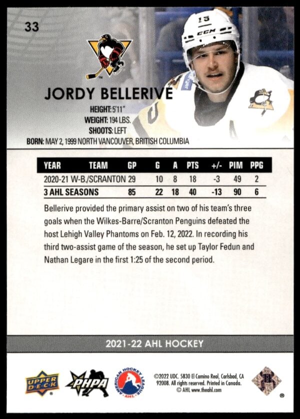 2021 Upper Deck AHL Jordy Bellerive #33 (Back)