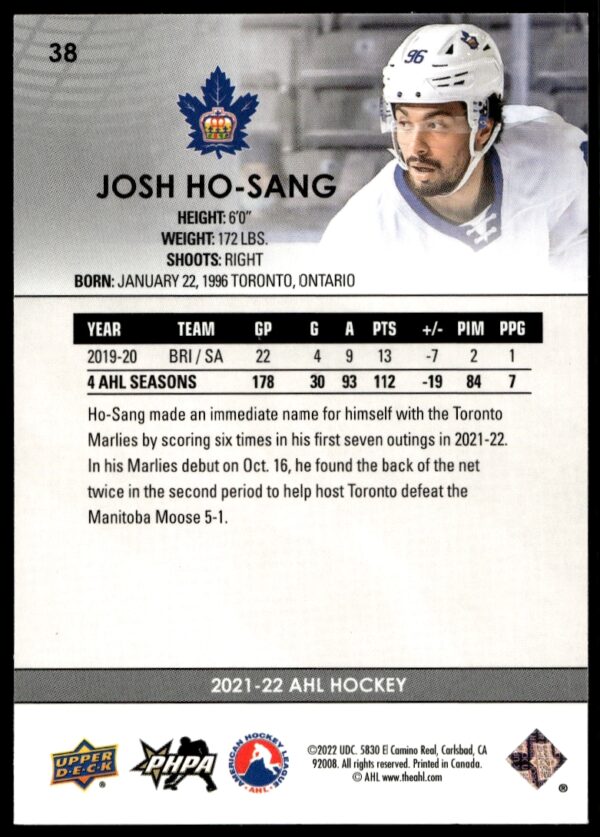 2021 Upper Deck AHL Josh Ho-Sang #38 (Back)