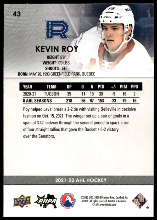 2021 Upper Deck AHL Kevin Roy #43 (Back)