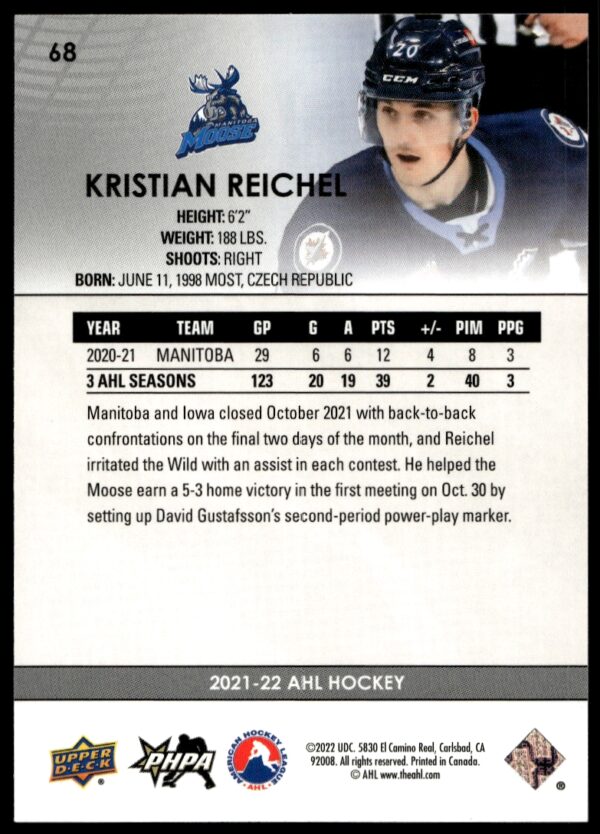 2021 Upper Deck AHL Kristian Reichel #68 (Back)