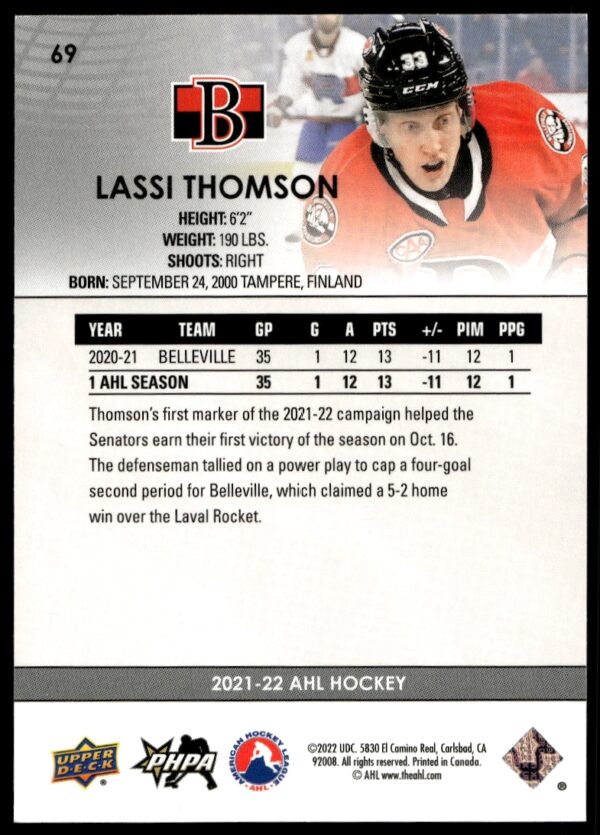 2021 Upper Deck AHL Lassi Thomson #69 (Back)