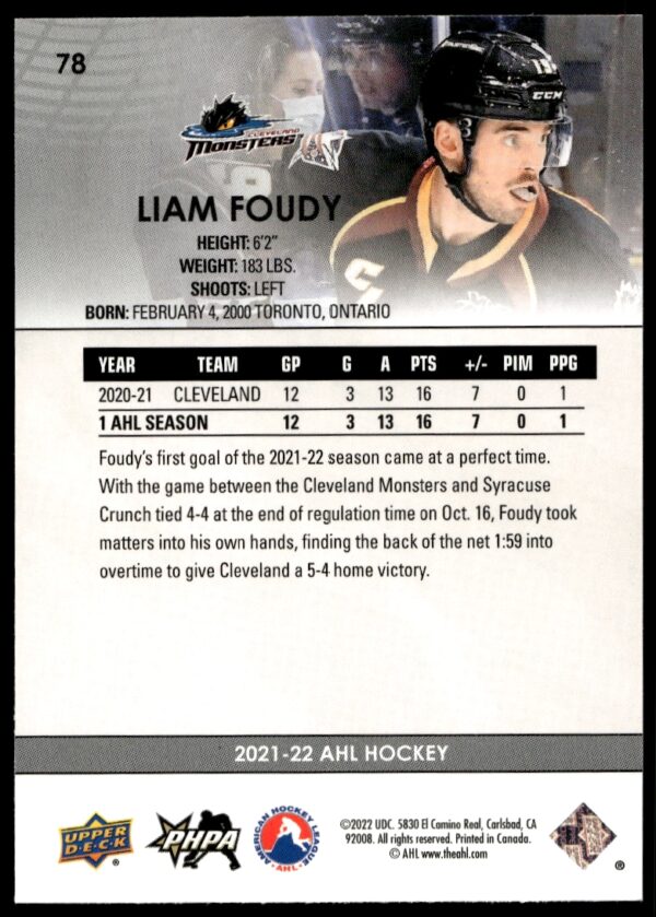 2021 Upper Deck AHL Liam Foudy #78 (Back)