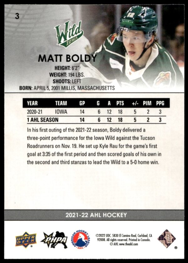 2021 Upper Deck AHL Matt Boldy #3 (Back)