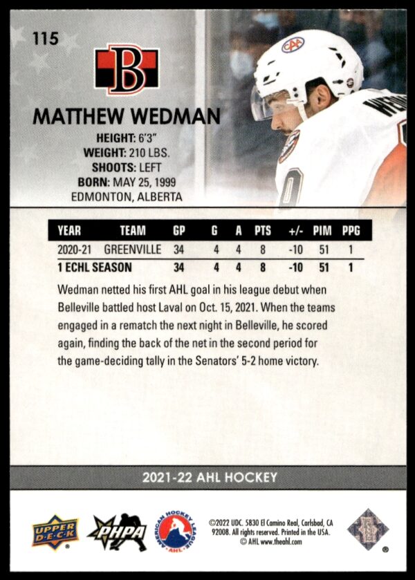 2021 Upper Deck AHL Matthew Wedman Star Rookies #115 (Back)