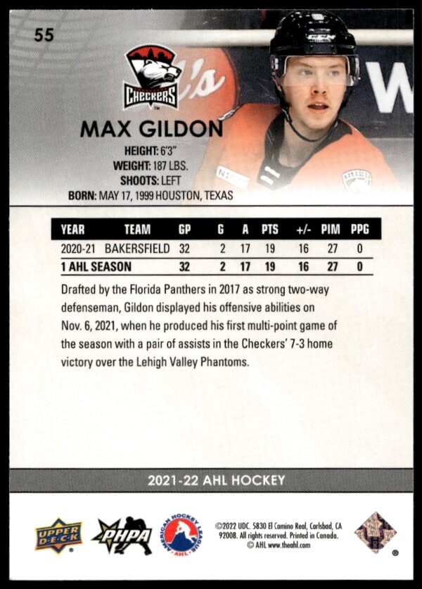 2021 Upper Deck AHL Max Gildon #55 (Back)