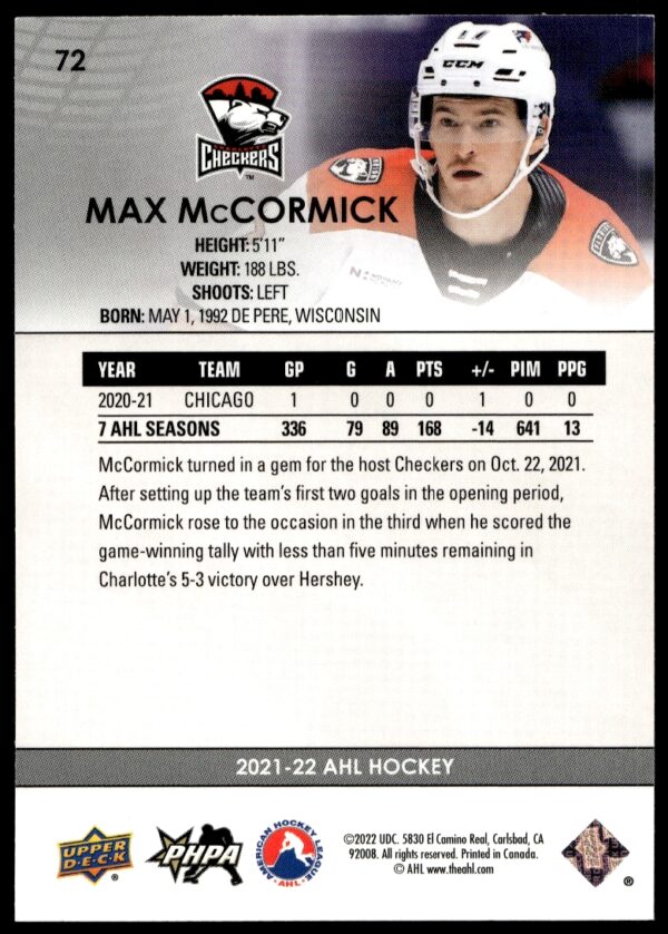 2021 Upper Deck AHL Max McCormick #72 (Back)