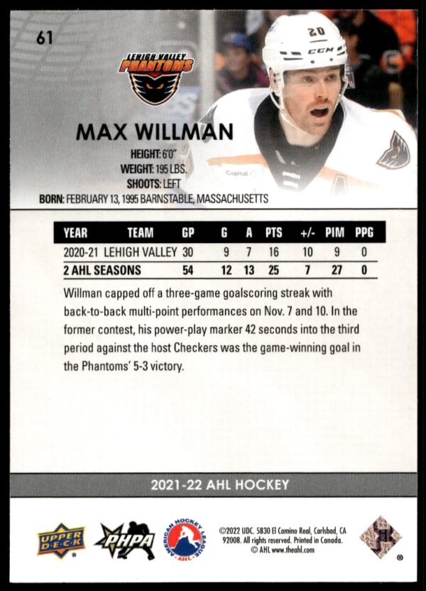 2021 Upper Deck AHL Max Willman #61 (Back)