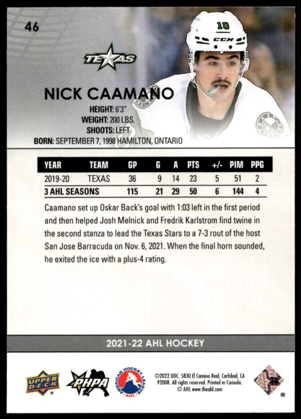 2021 Upper Deck AHL Nick Caamano #46 (Back)