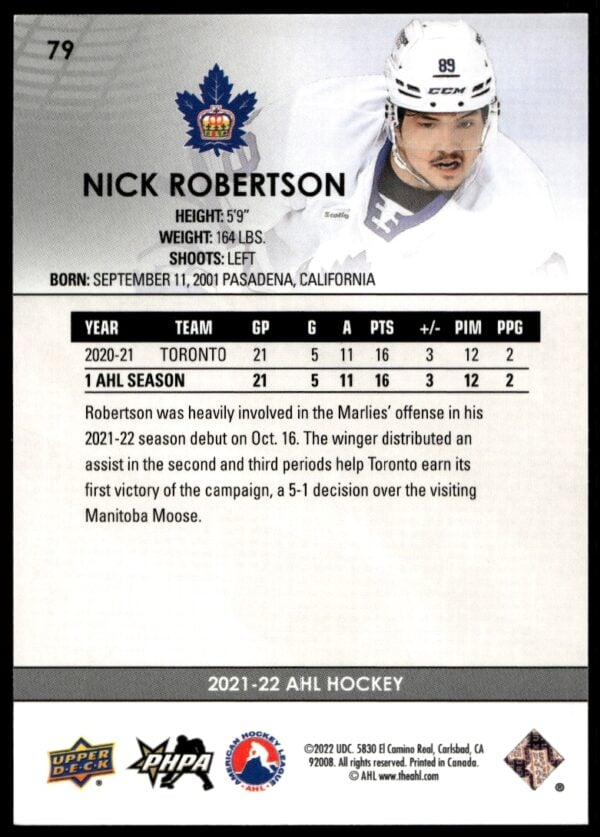 2021 Upper Deck AHL Nick Robertson #79 (Back)