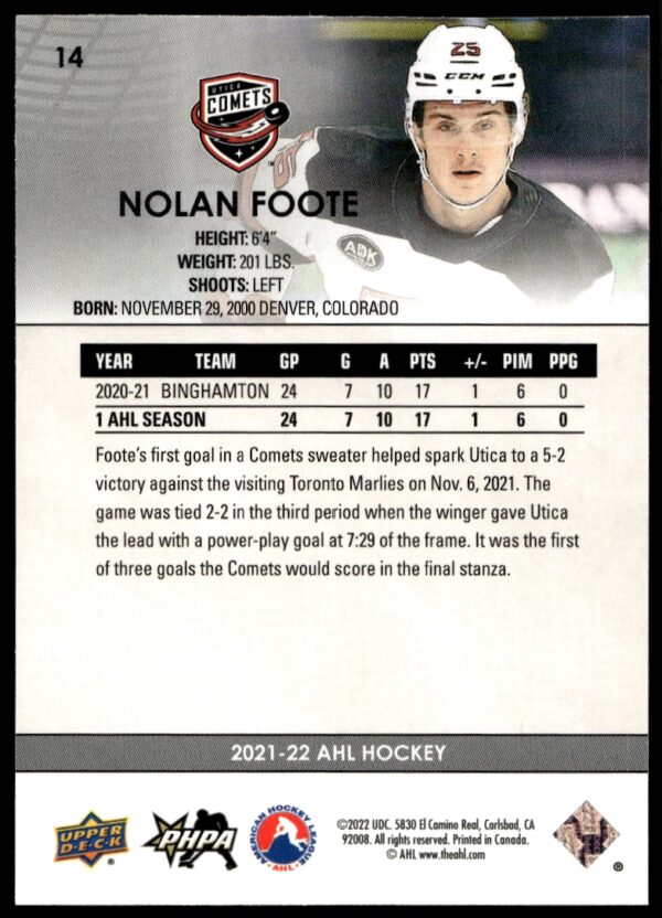 2021 Upper Deck AHL Nolan Foote #14 (Back)