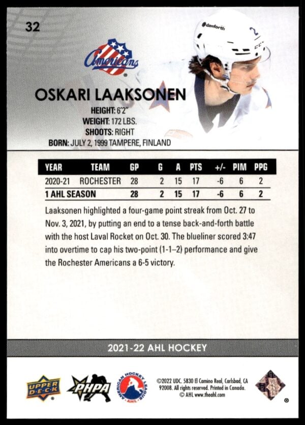 2021 Upper Deck AHL Oskari Laaksonen #32 (Back)