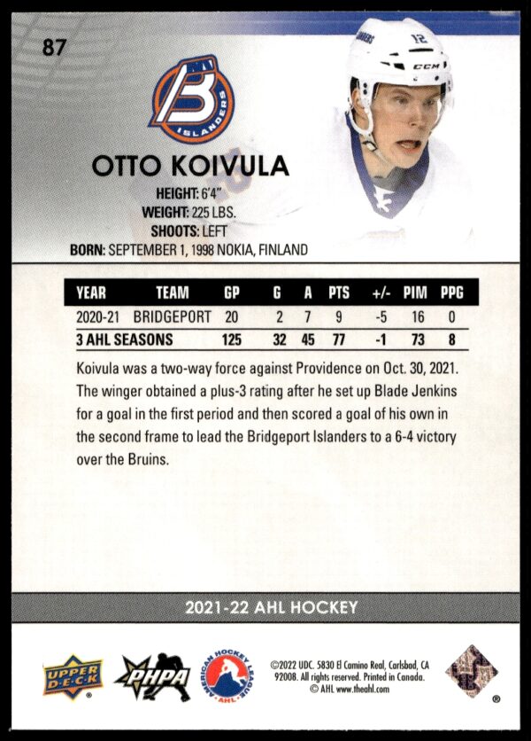 2021 Upper Deck AHL Otto Koivula #87 (Back)