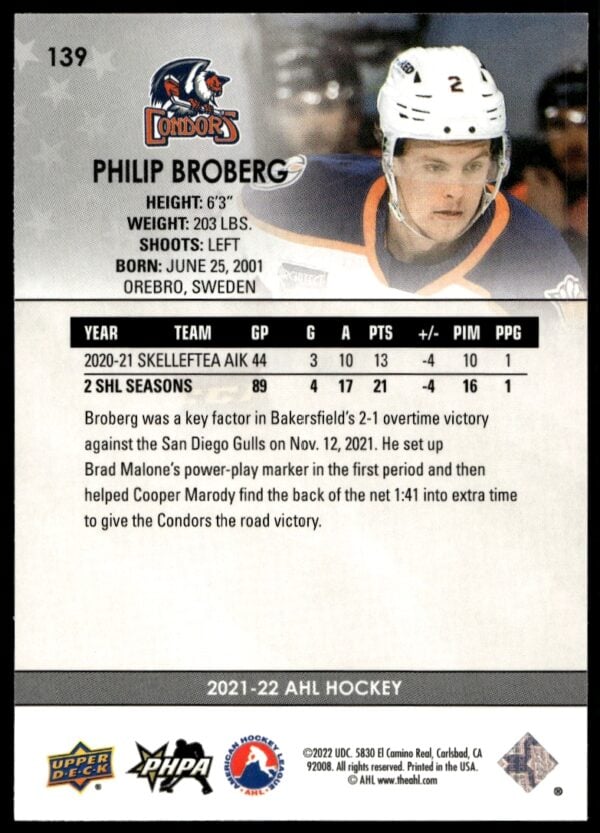 2021 Upper Deck AHL Philip Broberg Star Rookies #139 (Back)