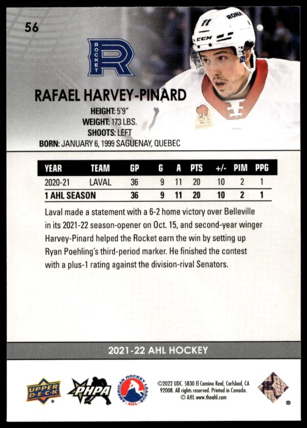 2021 Upper Deck AHL Rafael Harvey-Pinard #56 (Back)