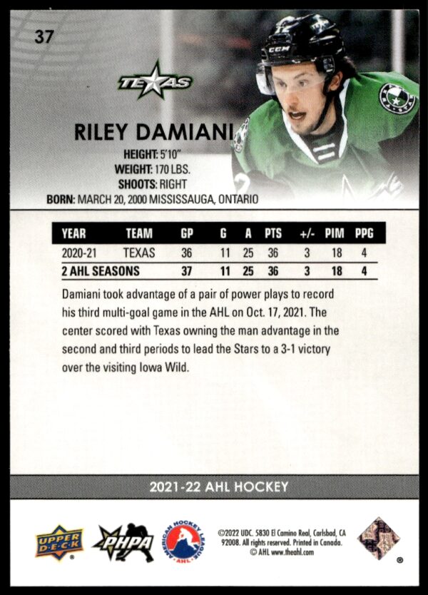 2021 Upper Deck AHL Riley Damiani #37 (Back)