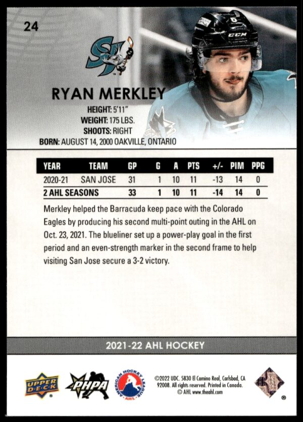 2021 Upper Deck AHL Ryan Merkley #24 (Back)