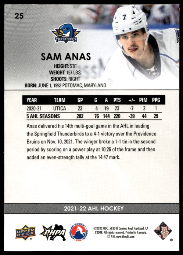 2021 Upper Deck AHL Sam Anas #25 (Back)