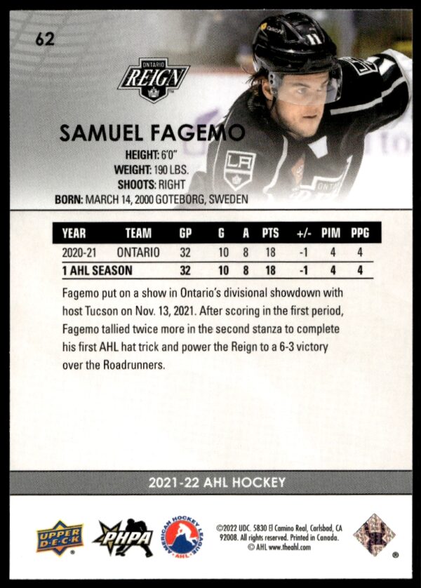 2021 Upper Deck AHL Samuel Fagemo #62 (Back)