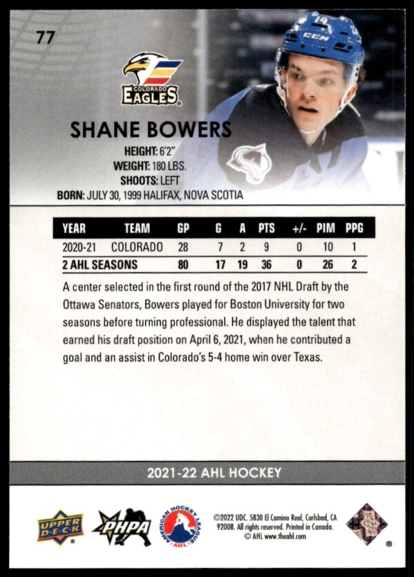 2021 Upper Deck AHL Shane Bowers #77 (Back)