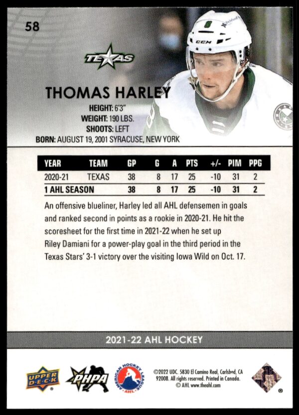 2021 Upper Deck AHL Thomas Harley #58 (Back)