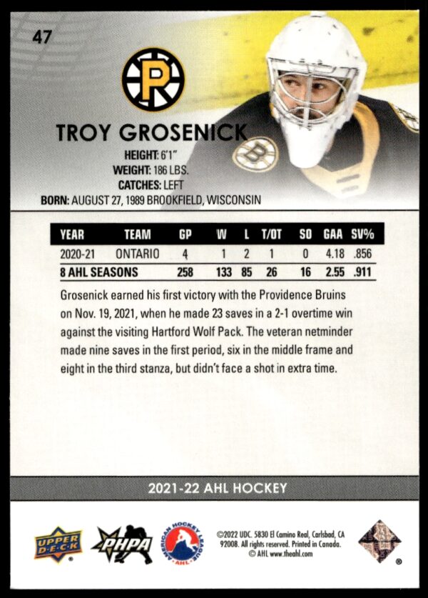 2021 Upper Deck AHL Troy Grosenick #47 (Back)