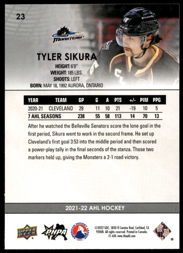 2021 Upper Deck AHL Tyler Sikura #23 (Back)