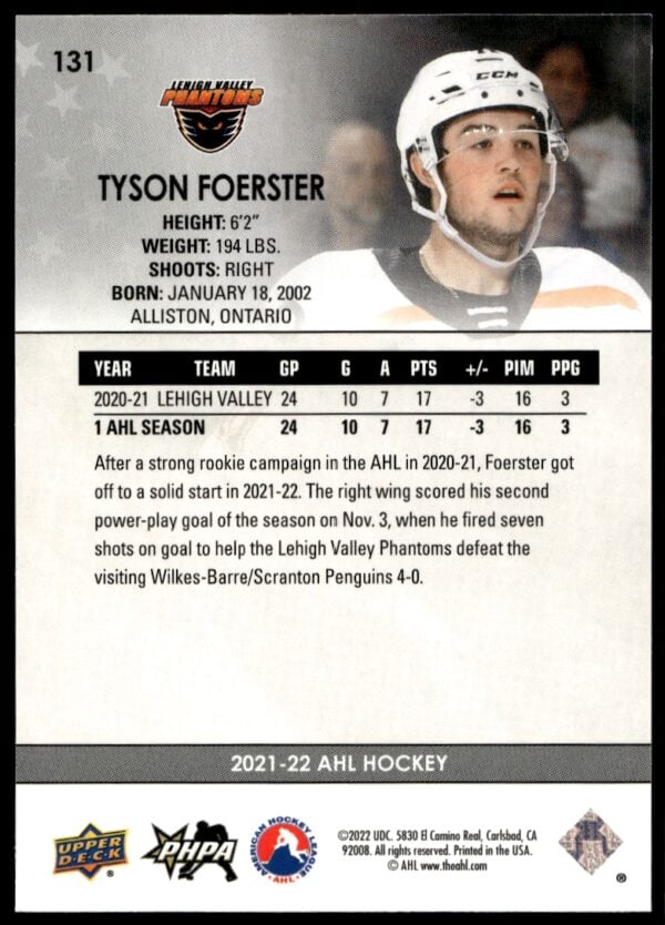 2021 Upper Deck AHL Tyson Foerster Star Rookies #131 (Back)