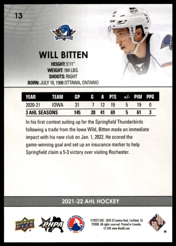 2021 Upper Deck AHL William Bitten #13 (Back)