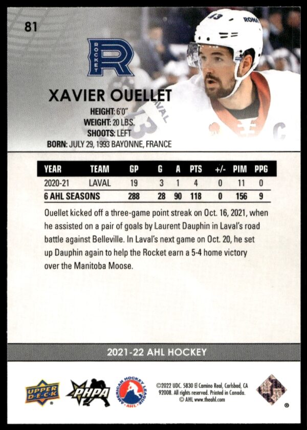 2021 Upper Deck AHL Xavier Ouellet #81 (Back)