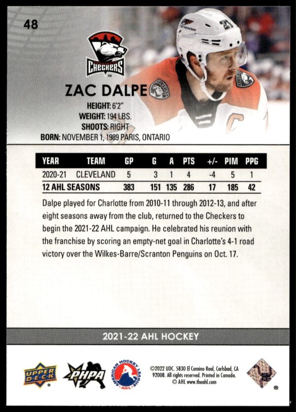 2021 Upper Deck AHL Zac Dalpe #48 (Back)