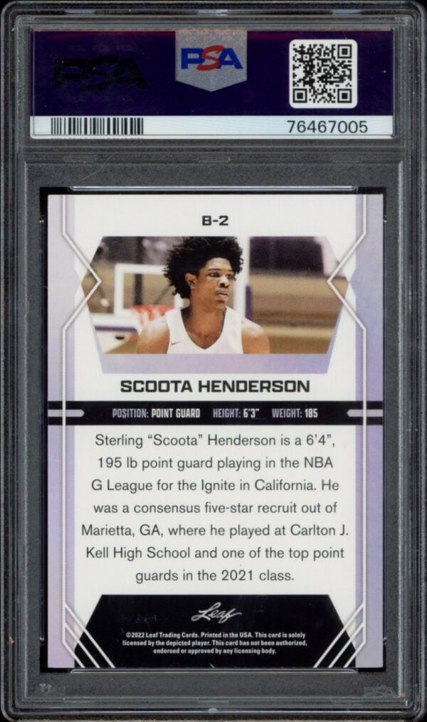 PSA-graded Scoota Henderson collectible card from 2022-23 Leaf Draft series.