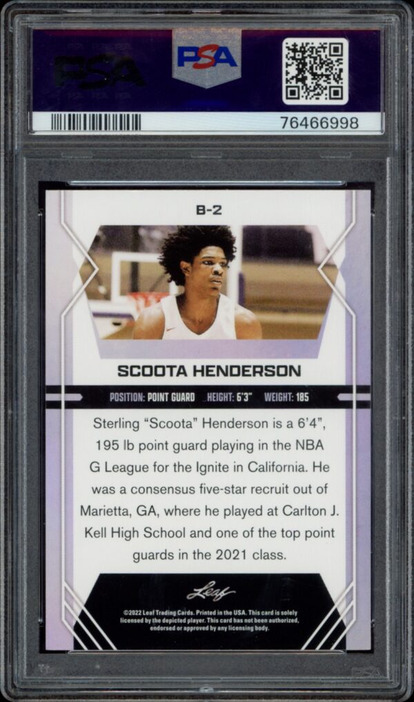 PSA-graded Scoota Henderson basketball card from 2022-23 Leaf Draft series.