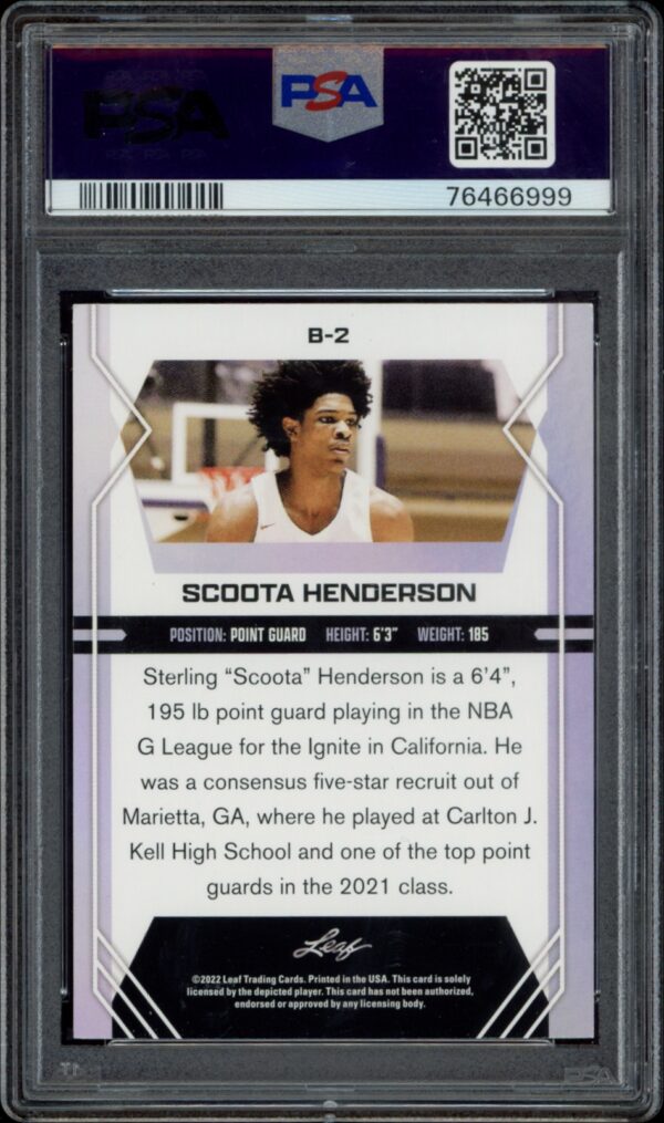 PSA-graded Scoota Henderson basketball card from 2022-23 Leaf Draft series.