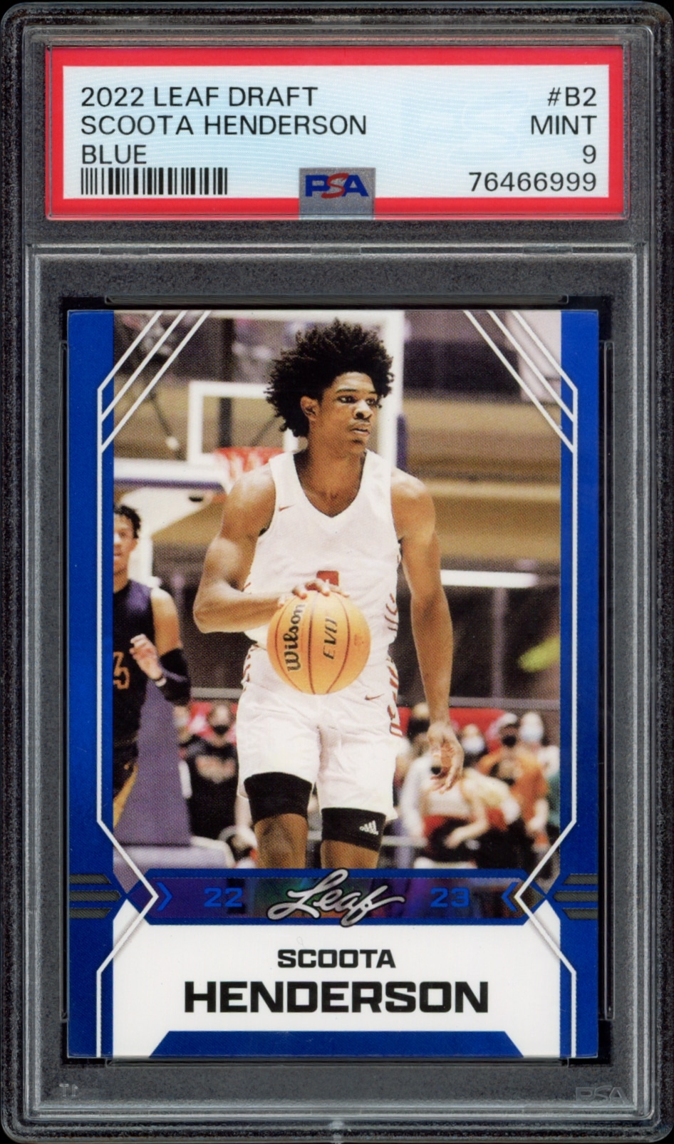 Mint 9 graded 2022 Leaf Draft card featuring basketball star Scoota Henderson in action.