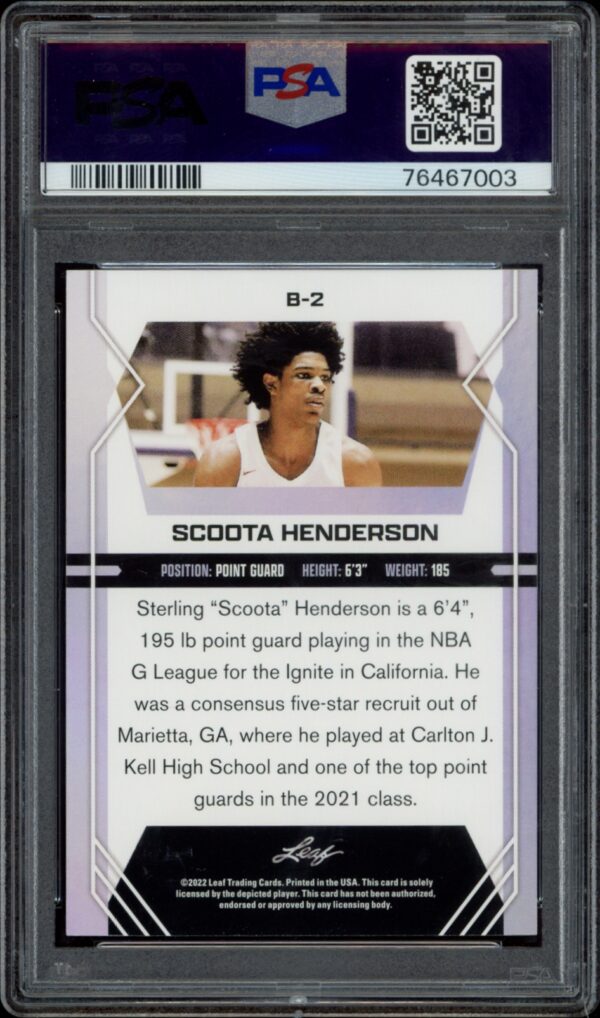 PSA-graded Scoot Henderson 2022-23 Leaf Draft Gold Basketball Card.