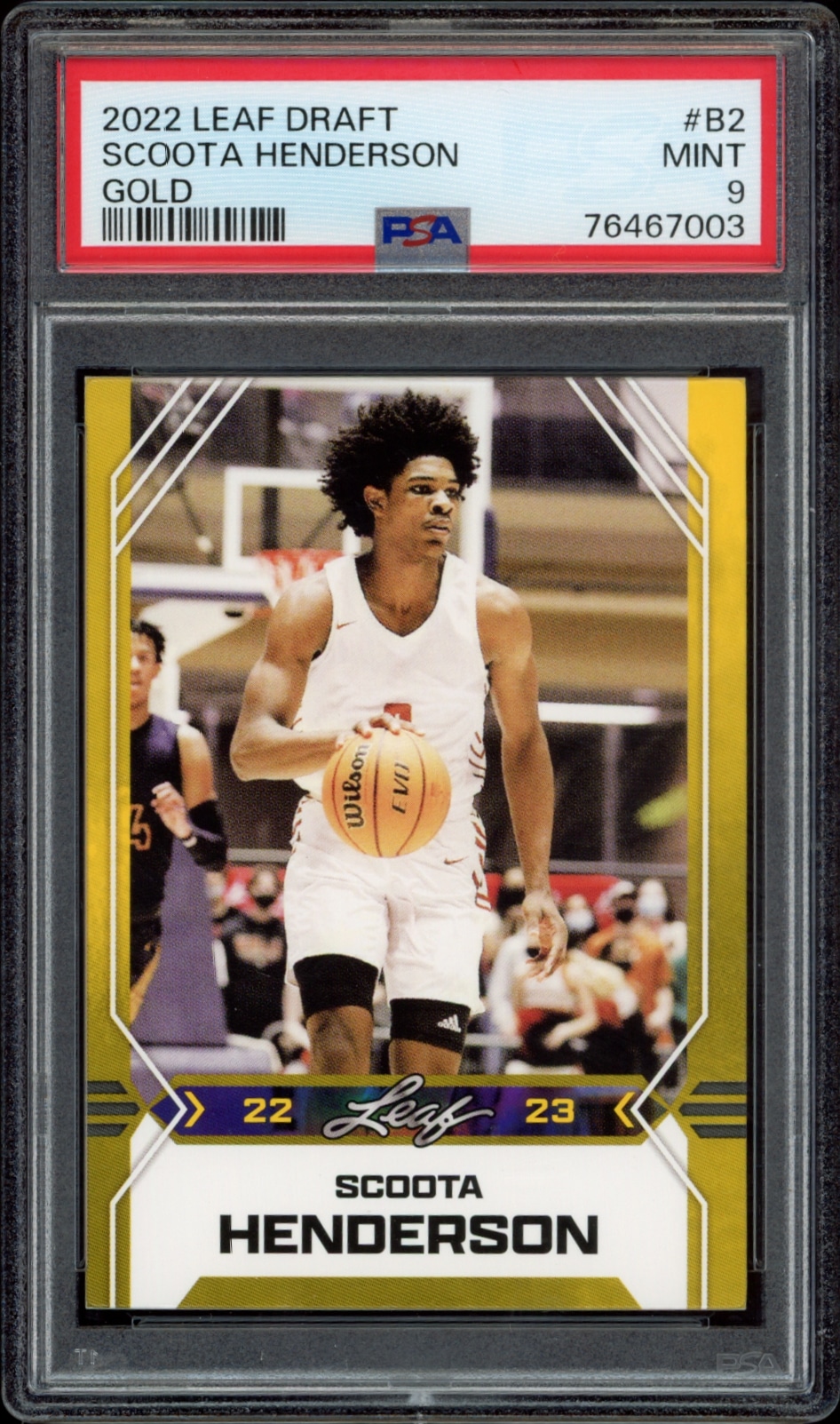 Scoota Hendersons 2022 Leaf Draft Gold basketball card, rated MINT 9 by PSA.